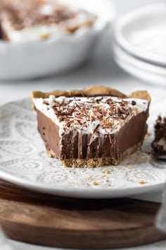 a slice of chocolate pie on a white plate