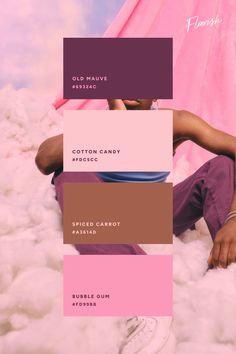 a man sitting on top of a cloud filled with pink and brown color swatches