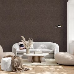 a living room with white furniture and brown walls