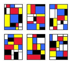 four squares that have different colors and shapes on each one, including blue, yellow, red