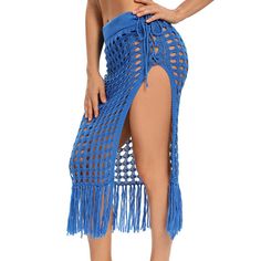 Blue Hollow-out High Split Tasseled Beach Skirt Skirt Y2k Outfits, Beach Skirt Outfit, Tassel Skirt, Crochet Cover Up, Skirt Y2k, Coverup Skirt, Skirt Maxi, Beach Skirt, Holiday Beach