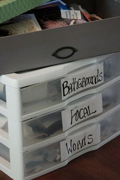 the drawers have labels on them to help keep things organized, and read more than words