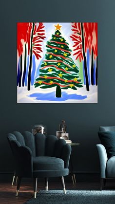 a living room with two chairs and a painting on the wall above it that has a christmas tree