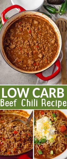 low carb beef chili recipe in a red casserole dish