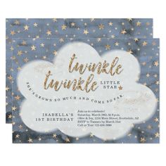 a blue and gold birthday party card with stars on the sky, it says twinkle twinkle