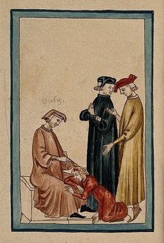 an illustration of three men in medieval clothing and one is holding the hand of another man