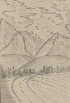 a pencil drawing of a road in the mountains