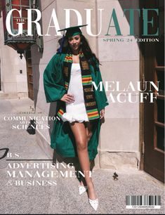 the graduate magazine cover features a woman in white dress and green coat