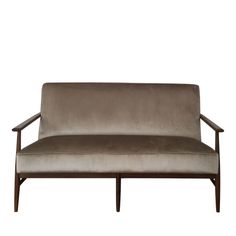 a gray couch sitting on top of a wooden frame