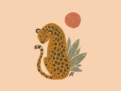 a drawing of a cheetah sitting on top of a leafy plant with an orange ball in the background