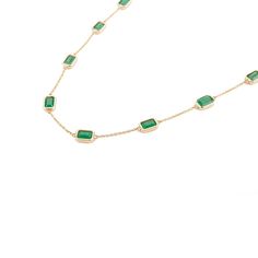 This is part of Chairish’s Fine Jewelry assortment.  Natural 5.41 Carat Octagon Emerald Everyday Chain Necklace in 14K Yellow Gold studded with octagon cut emerald. This stunning piece of jewelry instantly elevates a casual look or dressy outfit.  Emerald enhances the intellectual capacity. Designed with a octagon cut emerald set in bezel settings in center making a chain of the necklace to make you stand out of the crowd. This is a perfect Grandma Gift, Bridal Shower Gift, Mom Gift, Gift For Si Yellow Gold Necklace With Emerald Cut Bezel Setting, Yellow Gold Emerald-cut Necklace With Bezel Setting, Yellow Gold Emerald Cut Necklace With Bezel Setting, Green Emerald Baguette Cut Necklace, Luxury Faceted Emerald Cut Jewelry, Luxury Octagon Gemstone Necklace, Luxury Baguette Cut Jewelry For May Birthstone, Luxury Baguette Cut May Birthstone Jewelry, Luxury 14k Gold Emerald-cut Emerald Necklace