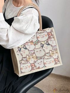 Bird in Bag - Cat Pattern Straw Tote Bag (Double) Straw Tote Bag, Straw Tote, Animal Fashion, Cat Pattern, Bird In Bag, Handle Bag, Color Khaki, Top Handle, Fashion Bags