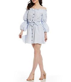 Gianni Bini Olivia Pin Striped Smocked Off the Shoulder Balloon Sleeve Novelty Shirting Dress Chic Cold Shoulder Mini Dress For Spring, Elegant Cold Shoulder Dress For Spring, Elegant Off Shoulder Cold Shoulder Dress For Spring, Spring Cold Shoulder Mini Dress For Day Out, Cold Shoulder Mini Dress For Spring Day Out, Fitted Off Shoulder Dress For Casual Wear, Fitted Off Shoulder Dress For Spring Day Out, Spring Off Shoulder Dress For Date Night, Feminine Off Shoulder Dress For Date Night In Spring