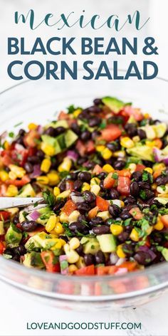 mexican black bean and corn salad in a glass bowl with text overlay that reads, mexican black bean and corn salad