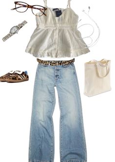 a woman's outfit including jeans, shoes and sunglasses is shown in this image