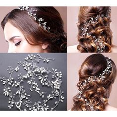 three pictures of different hairstyles and hair accessories for the bride's wedding day