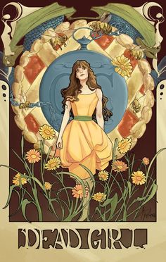 a girl in a yellow dress is surrounded by daisies and bees, with the words dead girl on it