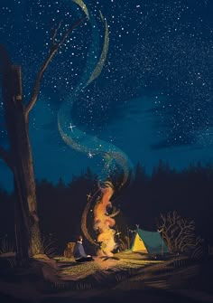 a painting of two people sitting under a tree at night with the stars in the sky