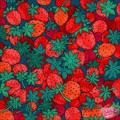 a bunch of strawberries on a blue background with green leaves and red berries in the middle