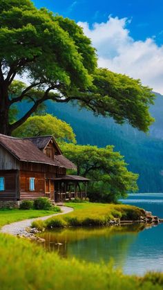 a painting of a cabin by the water