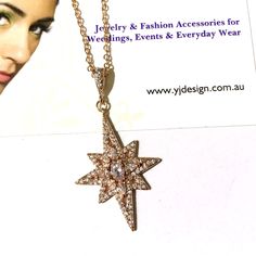 "A star-studded cz bridal jewelry set in celestial wedding boho style featuring bridal earrings and pendant necklace with galaxy star shape dangles on sterling silver posts, made of clear cubic zirconia in your choice of rose gold plated or silver rhodium white gold tarnish resistant finish. Earrings are 1 1/2\" (3.8cm) long with posts and 3/4\" (2cm) wide. Pendant is about 1 5/8\" (4cm) long with bail. Chain length can be added with a 2\" extender chain. View matching pieces or similar designs Elegant Star-shaped Crystal Jewelry, Star-shaped Cubic Zirconia Wedding Jewelry, Star-shaped Cubic Zirconia Jewelry For Party, Elegant Star-shaped Wedding Jewelry, Dazzling Star-shaped Jewelry For Weddings, Dazzling Star-shaped Wedding Jewelry, Gold Wedding Jewelry With Star Charm, Silver Jewelry With Star Charm For Wedding, Boho Wedding Gifts