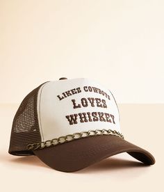 David & Young Cowboys & Whiskey Trucker Hat - Cream/Brown , Women's Brown Embroidered snapback chain hat One size fits most. 65% Cotton 35% Polyester. Spot clean only. Apparel & Accessories > Clothing Accessories > Hats Htv Designs, Hats Western, Hat Cream, Christmas Inspo, The David, Women's Hats, Hat For Women, Clothes Ideas, Accessories Clothing