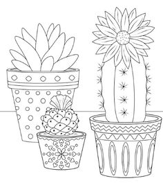 three potted plants are shown in this coloring page