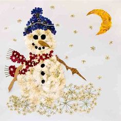 a snowman made out of flowers and other items on a white background with stars