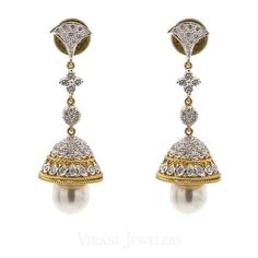 2.24CT Diamond Jhumki Drop Earrings Set In 18K Yellow Gold W/ Pearl Drops & Screw Back Post Closure - Virani Jewelers Elegant Formal American Diamond Jhumkas, Elegant Formal Jhumkas With American Diamond, Elegant American Diamond Jhumkas For Formal Events, Elegant American Diamond Round Jhumkas, Elegant Jhumkas For Anniversary, Elegant Drop Jhumkas For Anniversary, Elegant Drop Earrings Jhumkas For Anniversary, White Jhumkas For Festive Formal Occasions, Elegant Gold Diamond Jhumkas