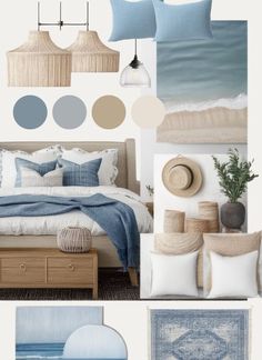 a bedroom with blue and white decor on the walls, bedding, rugs and pillows