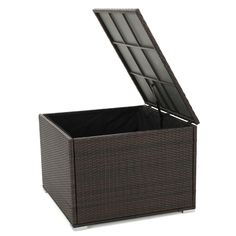 an outdoor wicker box with lid open on a white background, it is also used for storage