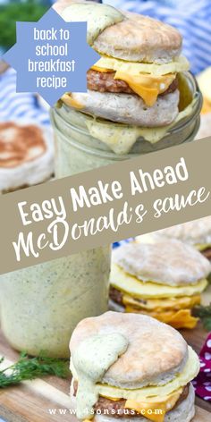 an easy make ahead macaroni and cheese sandwich on a cutting board with a jar of dressing in the background