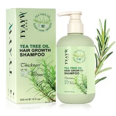 tea tree oil hair growth shampoo in front of a box and an evergreen branch