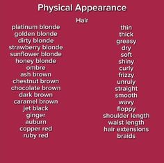 the words that describe physical appearance are shown in white letters on a red background with black and