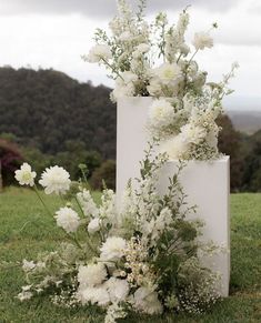 white flowers and greenery are arranged in a square vase on the grass near a mountain