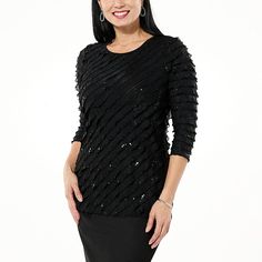 Antthony Lady Luxe Ruffle Knit Blouse with Sequins Soft, layered ruffles with the subtle sparkle of scattered sequins romance this classic pullover blouse designed in a curve-hugging (yet forgiving) 3/4-sleeve silhouette. Elegant Stretch Sequin Top, Elegant Winter Tops With Sequins, Elegant Sequined Tops For Winter, Elegant Sequined Winter Tops, Elegant Stretch Knit Top For Party, Elegant Winter Sequin Tops, Elegant Evening Knit Top For Fall, Elegant Sequined Tops For Fall, Elegant Long Sleeve Knit Top For Party