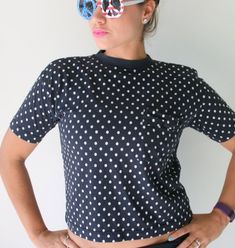 1980s POLKA DOTS Crop Top Tee...size small to medium womens....top. 1980s .1990s. black and white. h Trendy Polka Dot Short Sleeve Tops, Trendy Short Sleeve Tops With Polka Dot Pattern, Summer Polka Dot Crew Neck Top, Fitted Polka Dot Cute Tops, Cute Fitted Polka Dot Tops, Fitted Cute Polka Dot Tops, Trendy Polka Dot Cotton Tops, Retro Polka Dot Tops For Spring, Vintage Polka Dot Tops For Spring