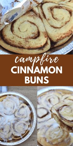 cinnamon buns with icing on top and the words campfire cinnamon buns above them