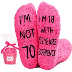 PRICES MAY VARY. BIRTHDAY GIFTS FOR WOMEN: These pink socks could be the perfect birthday gift for your mom, grandma, wife, aunt, sister in law, or female friend. GIFTS FOR HER: Say it with socks - "I'M NOT 70, I'M 18 WITH 52 YEARS EXPERIENCE." These are suitable for any holiday gifts, such as Birthday gifts, White Elephant gifts, Christmas gifts, Anniversary gifts, Mothers Day gifts. RETIRED GIFTS FOR WOMEN: Celebrate the milestone of turning 70 with our specially designed socks, perfect for re Gifts For Older Women, 71st Birthday, 71 Birthday, Cupcake Packaging, Christmas Wedding Gifts, Fluffy Socks, Friend Gifts, Old Woman, Valentines Day Weddings