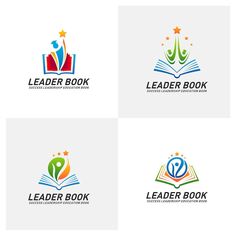 four logos for a book store with an open book and stars in the middle, on white