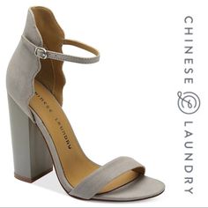 Chinese Laundry “Sea Breeze” Sandal These Grey Heels Are Lovely And Feminine, W/Microfiber Suede Toe Band And Scalloped High Rise Heel Cup/Back. Ankle Strap Block Heel - Sturdy Scalloped Micro-Suede - Like Designer Chloe Skinny Ankle Strap Adjusts Via Silver Buckle/Hardware Block Heel In Darker Grey Finishes The Look - 4.25" Tall Cushioned Insole Felted Rubber Sole Has Nonskid Markings No Flaws/Defects/Imperfections Worn Indoors For A Couple Hours @ Bridal Shower Compliment Grabber! Eur 40 Gray Open Toe Summer Heels, Gray Open Toe Heels For Summer, Gray Closed Toe Heels For Summer, Chic Gray Summer Heels, Chic Gray Heels For Summer, Grey Heels, Ankle Strap Block Heel, Chinese Laundry Shoes, Chinese Laundry