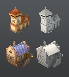 four different types of buildings with windows and roofs, all in low poly mesh style