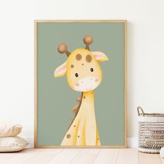 a painting of a giraffe on a wall next to a basket and pillow