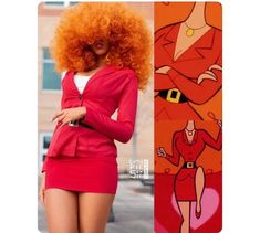 an orange haired woman in a red suit