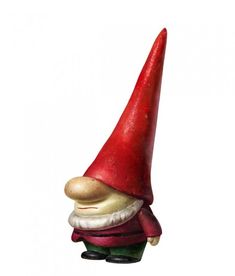 a red and green gnome figurine with white teeth on it's head