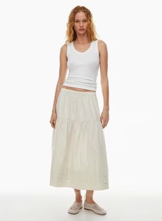 SAMARA POPLIN SKIRT | Aritzia Wedding Sweatshirts, Poplin Skirt, Tights Fashion, Easy Shape, Linen Style, Samara, Tier Skirt, Fashion Socks, Tiered Skirt