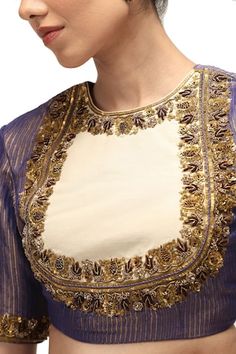 Navy blue munga silk zari woven blouse with sequins embroidery. - Aza Fashions Saree Chiffon, Dhoti Saree, Cotton Sarees Handloom, Saree Blouses Online, Hand Woven Textiles, Blue Saree, Beaded Neckline, Lehenga Saree, Blouse For Women