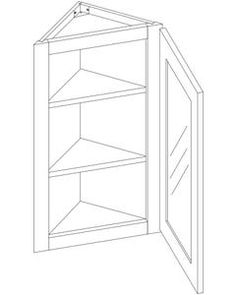 a drawing of a corner cabinet with the door open and shelves on each side,