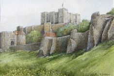 a drawing of a castle on top of a hill with grass in front of it