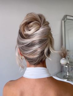 Unique Wedding Updos, Bridal Shower Updo, Hair Up Styles For Prom, Wedding French Twist, High Bun Bridesmaid Hair, Wedding Updo Blonde, High Up Do, Modern French Twist Updo, Bridal Hair Blonde